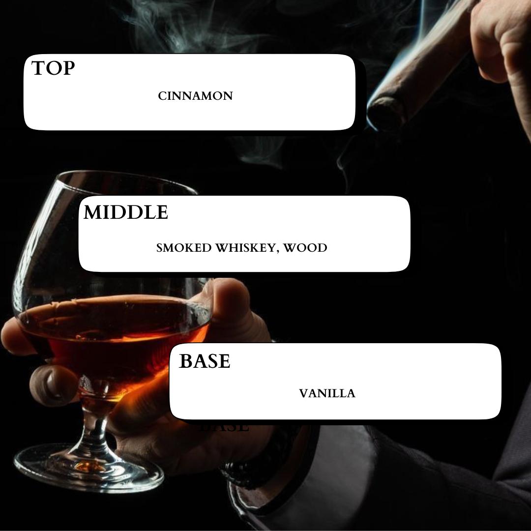 TUXEDO REED DIFFUSER scent profile with top notes of cinnamon, middle notes of smoked whiskey and wood, base note of vanilla.