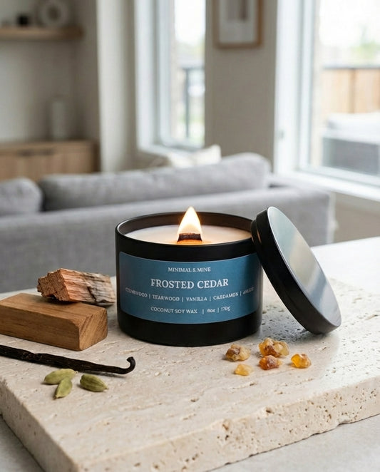 FROSTED CEDAR CANDLE TIN